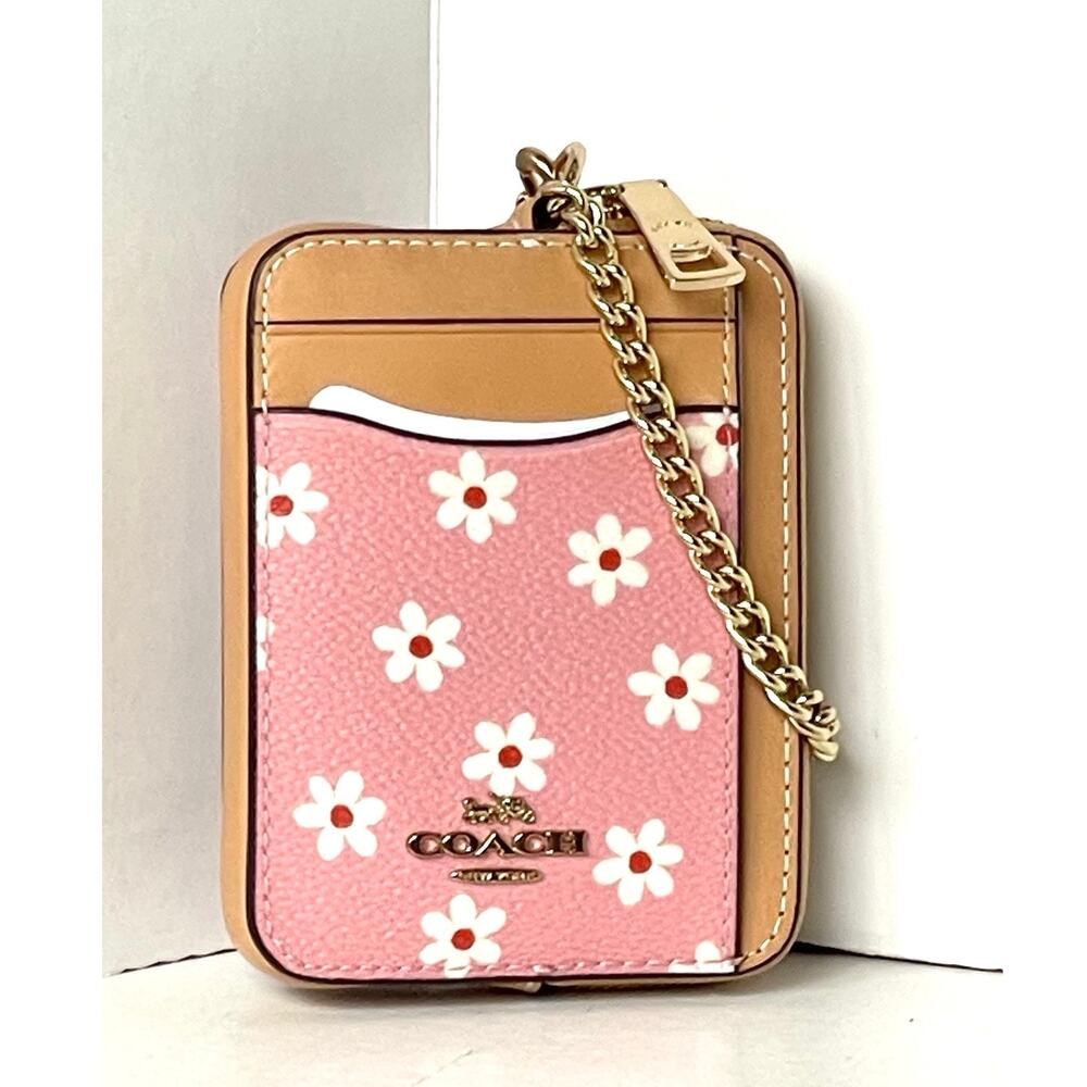 Coach Zip Card Case CFA37 Pink Floral Leather ID Wallet Gold Chain